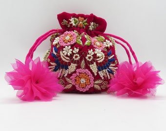 Handmade Embroidered Fuchsia Velvet Potli Bag: Wedding Favor Handbag