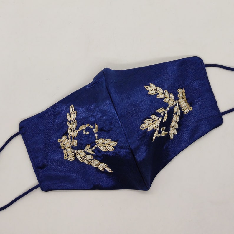 Costume Designer Leaf Texture Golden Sequin White Motif Embroidered Embellishment Face Mask Navy Blue