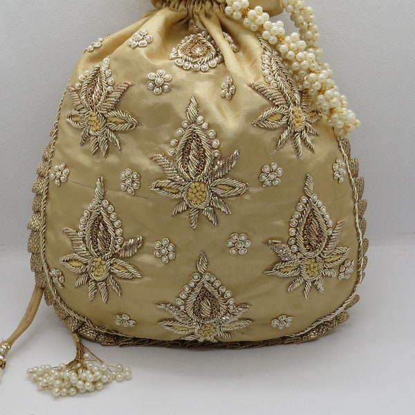 golden fabric kalash texture zardosi embroider wedding handmade handbag woman |embellish evening bag | indian potli bag purse handbag