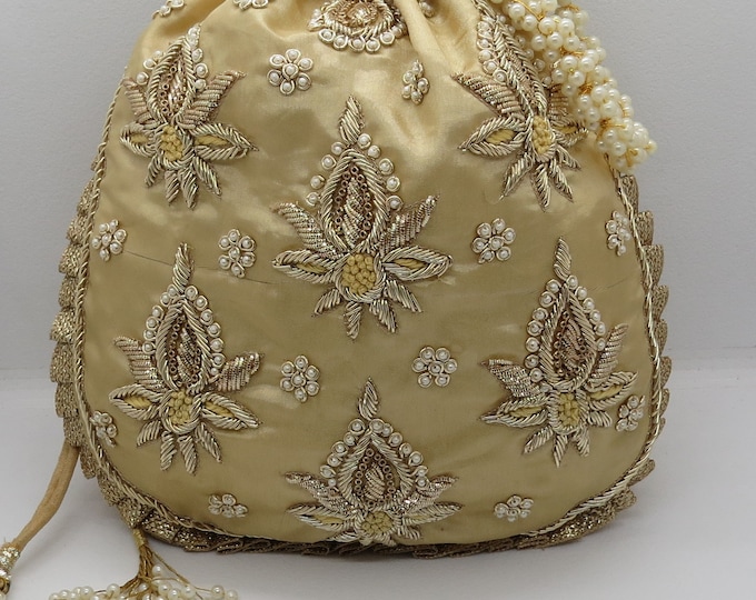Buy Zardozi and Resham Embroidered Evening Potli Bag - Green Ornate Online