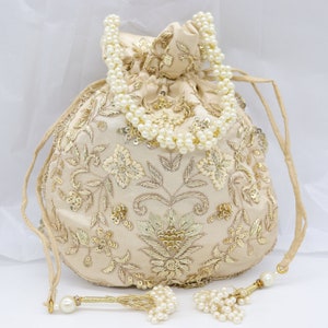 Classic French knot Zardosi Embroidered Art Deco Wedding Purse Bag for Woman, Indian Handcrafted Potli Bag, Bridesmaid Wedding Favour Bag