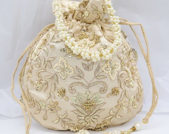 Klassische französische Knoten-Zardosi-gestickte Art-Deco-Hochzeitstasche für Frau, indische handgefertigte Potli-Tasche, Brautjungfern-Hochzeits-Geschenktasche