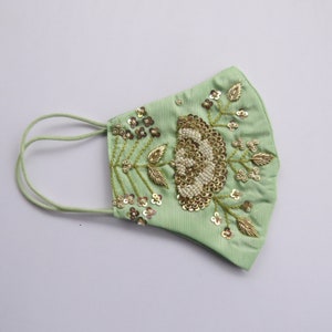 pistachio green silk fabric golden zardosi motif beaded indian embroidered wedding face mask indian wedding bridesmaid's face mask image 2