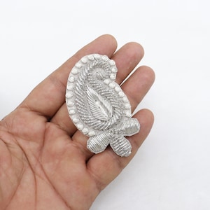 Silver Zardosi Paisley Applique: Indian Garment Embellishment (2.25 Inches)