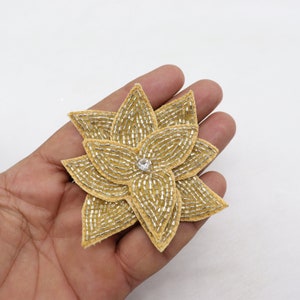 Golden Beaded Flower Applique: DIY Sewing Embellishment (7cm)
