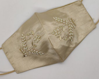 golden soft satin silk fabric zardosi pearl beaded subtle fancy face mask for woman | embellish evening mask for woman wedding favor