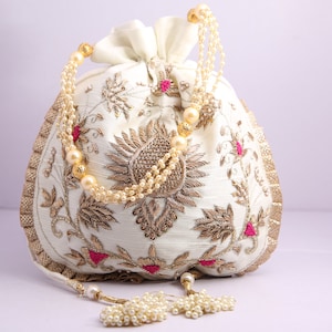 Wedding Bridal Off White Golden Zardosi Embroidered Potli Bag Evening Handbag For Women Bridemaids Gift