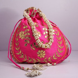 Traditional India Handcrafted Gota Patti Work Potli Bag Golden Lace Embroidered Handbag For Wedding Bridal Bag