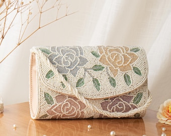 Art Deco Beaded Embroidered Clutch: Elegant Floral Mini Purse