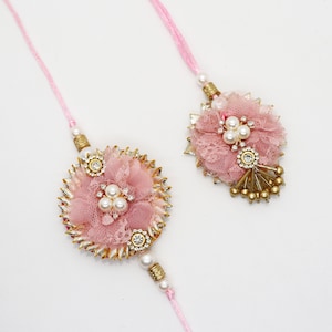 Handcrafted Rakhi Set: Pink Floral Embroidered Bhaiya Bhabhi Rakhi
