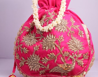 Bolso Potli con cuentas Zardosi: bolso de boda indio con bordado dorado