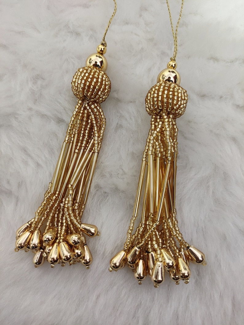 4inch bling cylindrical glass bead with pearl dropping hanging tassel embellishing tassel for occasion outfits, purses, decorative items Gold