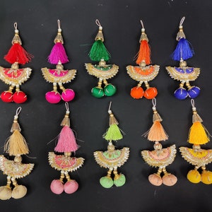 Embroidered Silk Tassel Pair: 8&quot; Gota Patti Latkan Hanging