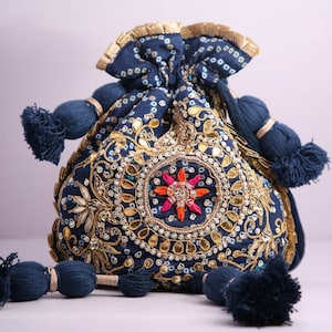 Blue Bandhej Fabric Decorative Golden Lace Gota Patti Embroidered Work Potli Bags Tradtional Indian Wedding Giveaways Handbags For Women