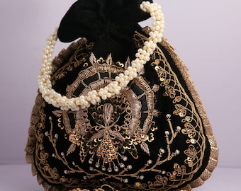 Artisan Handmade Golden Thread Embroidered Work Sequin Beaded Ethnic Evening Hand Bag Indian Polti Wedding Bag