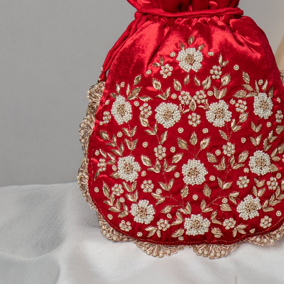Hand Embroidered Zardozi Pearl Floral Red Velvet Potli: Ethnic Wedding Purse