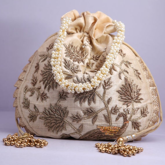 Indian Women Heavy Beaded Fashion Handmade Potli Bag, Ethnic Wedding and Festivals, Hand Bag, Bridal Bag Embellished with Beads & Pearls