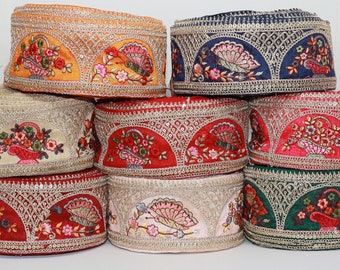 Adorno indio floral de 2.0 in de ancho, bordado de encaje, cojín bordado, cinta de sari, accesorios de costura, manualidades, adornos de boda