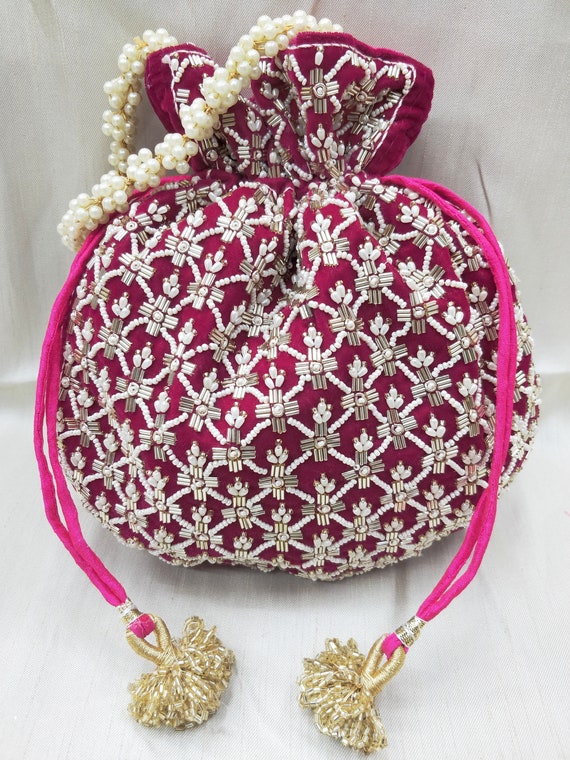 Dark Pink Velvet Potli Bag: Embroidered Indian Wedding Pouch (10x8")