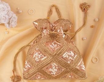Sequin Beaded Embroidery Potli Bag: Indian Wedding Bridal Purse