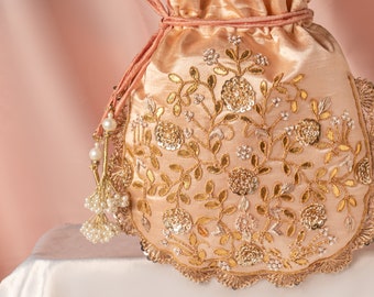 Wedding Rose Gold Potli Bag: Indian Gota Patti Sequin Bridesmaid Purse