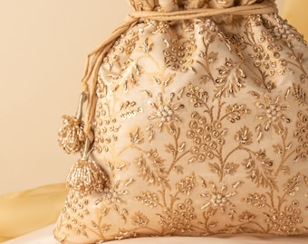 Beautiful Off White Brocade Silk Zardozi Sequin Embroidered Wedding Potli Bag, Bridesmaid Drawstring Pouch Purse, Elegant Handbag For Woman