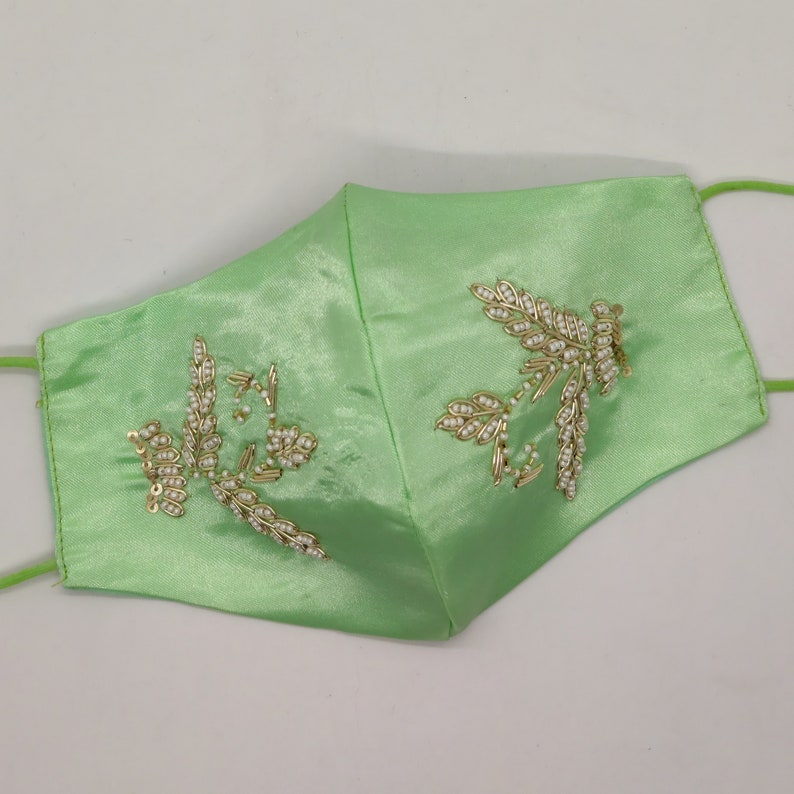 Costume Designer Leaf Texture Golden Sequin White Motif Embroidered Embellishment Face Mask Pistachio Green