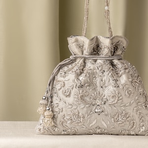 Zardozi Hand Embroidery Silver Drawstring Bag: Wedding Wristlet Pouch