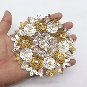 Antique Gold & Silver Sequin Bling Garment Embellishment Sewing Applique, Designer Evening Dress Decor patch, DIY Clutch Purse Sew On Patch
