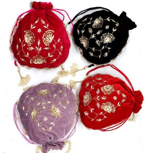 Zardosi Embroidered Velvet Drawstring Bag: Boho Indian Wedding Favor