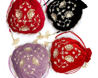 Zardosi Embroidered Velvet Drawstring Bag: Boho Indian Wedding Favor