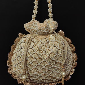Embroidered Pearl Beaded Evening Bag: Beige Wedding Purse