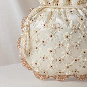 Embroidered Ivory Pearl Potli Bag: Sequin Beaded Indian Wedding Pouch