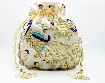 Art Deco Peacock Embroidered Hand Stitched Drawstring Wedding Bag Woman | Zardosi Thread Embellished White Satin Silk Favor Bag Gift For Her