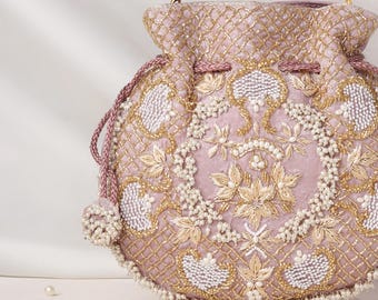 Luxury Mauve Pink Bridal Potli Bag for Wedding | Faux Pearl Bead Zardozi Hand Embroidered Indian Drawstring Evening Purse for Woman