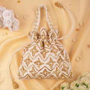 India Bridal Ivory Potli Bag, Golden Sequin Bead Embroidery Designer Drawsting Woman Purse For Wedding, Evening Wristlet Velvet Pouch Purse