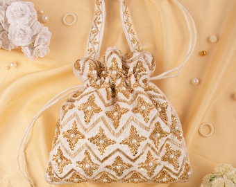Ivory Bridal Potli Bag: Golden Sequin Embroidery, Wedding Purse (10x8")
