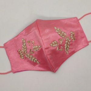 Costume Designer Leaf Texture Golden Sequin White Motif Embroidered Embellishment Face Mask Pink