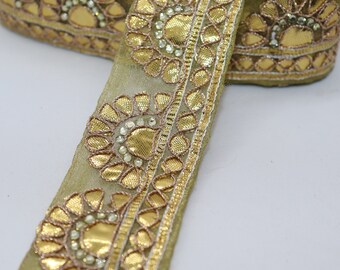 Golden Gota Patti Embroidered Indian Lace: Rhinestone Sari Border