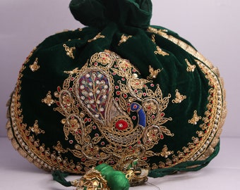 Green Velvet Fabric Traditional Peacock Embroidered Zardosi Work Bridal Wedding Potli Bag Evening Handbag For Women