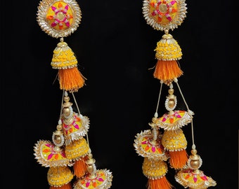 indian yellow sari latkan crafting tassel  sewing gota patti fabric embroidered decorative costume hanging cushion curtain decor tassel pair
