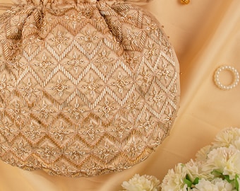 Embroidered Bugle Bead Wedding Purse: Satin Silk Evening Potli