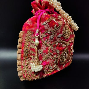 Fancy Indian Handmade Woman Embroider Potli Bag Magenta Pink Flower ...