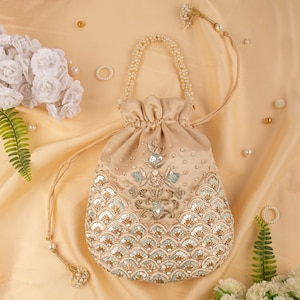 Bling Sequin Zardosi Embroidered Wedding Satin Potli Bag For Woman, Hand Crafted Evening Drawstring Pouch Purse, Indian Gifting Potli Purse
