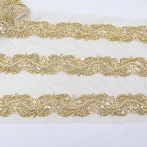 Golden Pearl Sequin Embroidered Lace Trim: 1 1/2&quot; Wedding Dress Embellishment