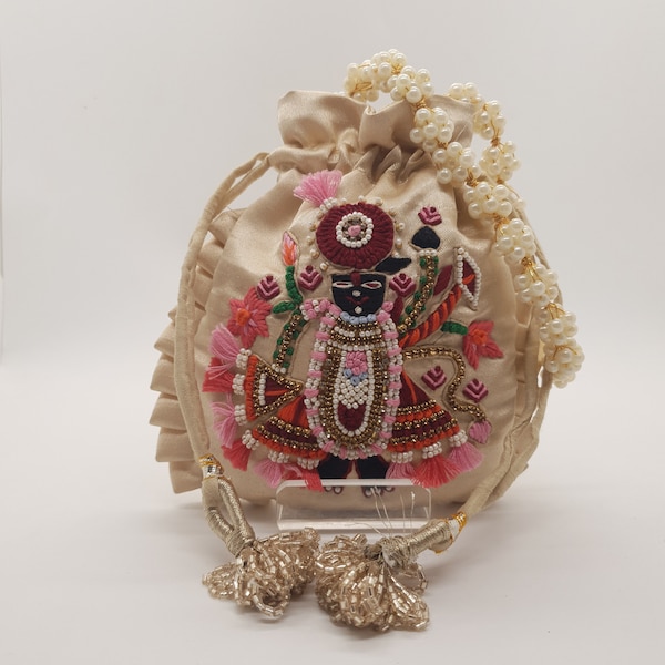 Shreenathji fil à broder sac à main potli bag cordon de serrage sac à main | sac de cadeaux de mariage indien en tissu de soie doré | créateur de sac à main femme