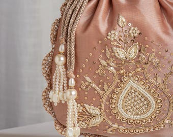 Monedero Potli de oro rosa con bordado Zardozi de perlas, recuerdo de boda