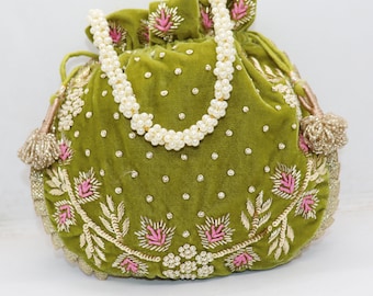 india glass bead zardosi pearl embellish moss green velvet art deco floral drawstring wedding handbag purse | bridesmaids wedding day bag