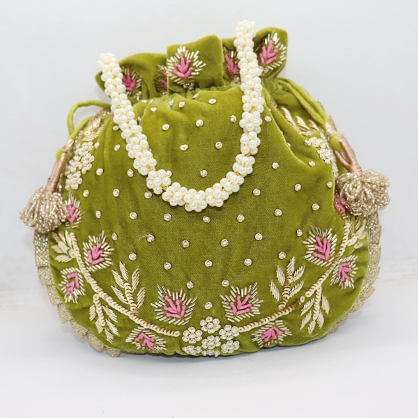 Moss Green Velvet Handbag: Zardosi Pearl Floral Drawstring Bag