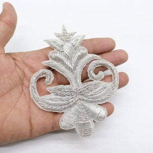 Silver Zardosi Embroidery Applique: Indian Metallic Garment Patch